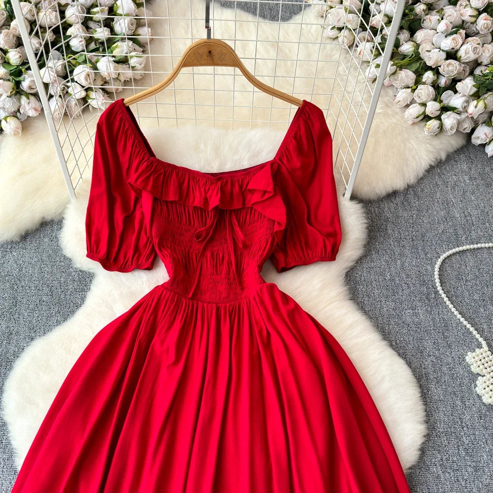 Babs Chic Elegant Square Collar Macy Dress Women Solid Short Puff Sleeve Dresses 2024 Korean Fashion Vintage Ruffle Vestidos