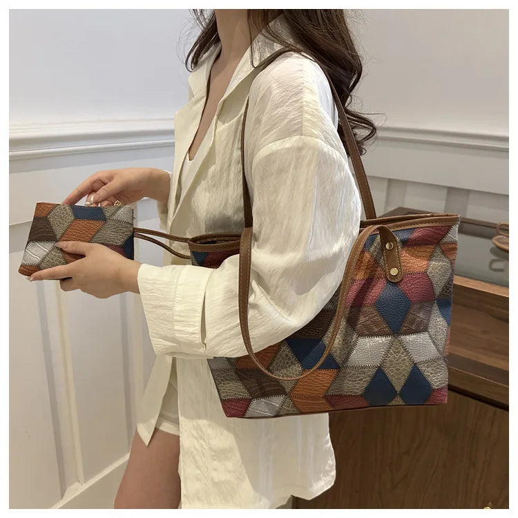Maxy Vintage Patchwork PU Leather Casual Tote Bags For Women, Large Capacity Shoulder Bag Ladies Handbags And Purses
