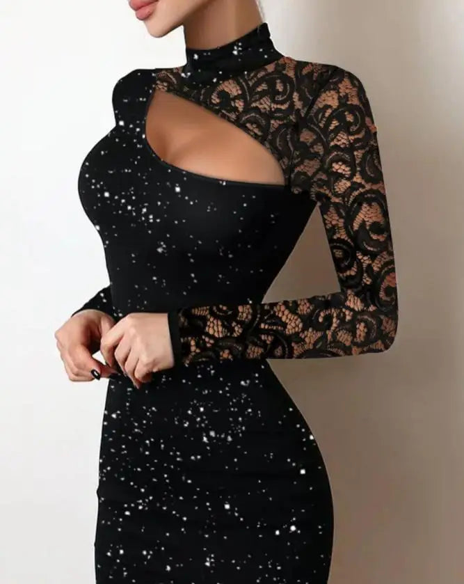 Maxy Evening Dresses for Women New Elegant Sexy Party Wedding Guest Glitter Contrast Lace Cutout Long Sleeve Bodycon Mini Dress