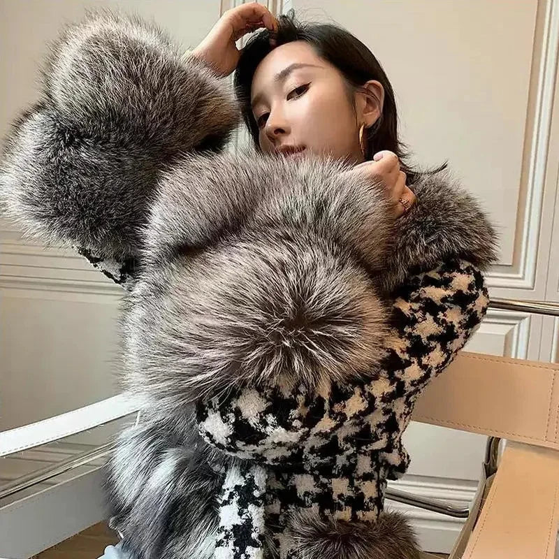 Babs Fox Fur Grass Coat Women Short Thousand Bird Grid Double Faced Fleece Collar 2024 Small Fragrant Style Imitation Fur Coat Female