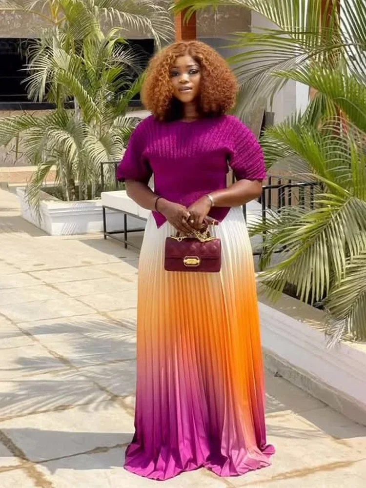 Maxy Pleated 2 Pieces Set Women Fashion V Neck Short Batwing Sleeves Irregular Hem T-shirt&New Gradient A-line Folds Long Skirt
