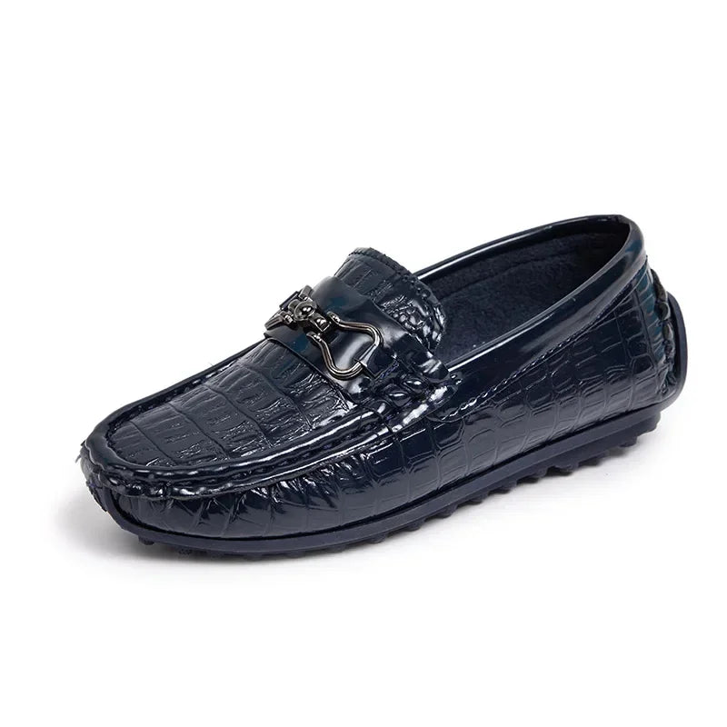 Visco Boys Leather Shoes Round-toe Flat Soft Kids Fashion Casual Loafers Glossy Metal Buckle Children Moccasins Non-slip Britain Style