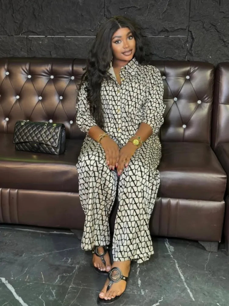 Maxy Print 2 Piece Sets Women Hipster Lapel Full Sleeve Oversized Blouse and Wide Leg Pants Matching Y2K Streetwear