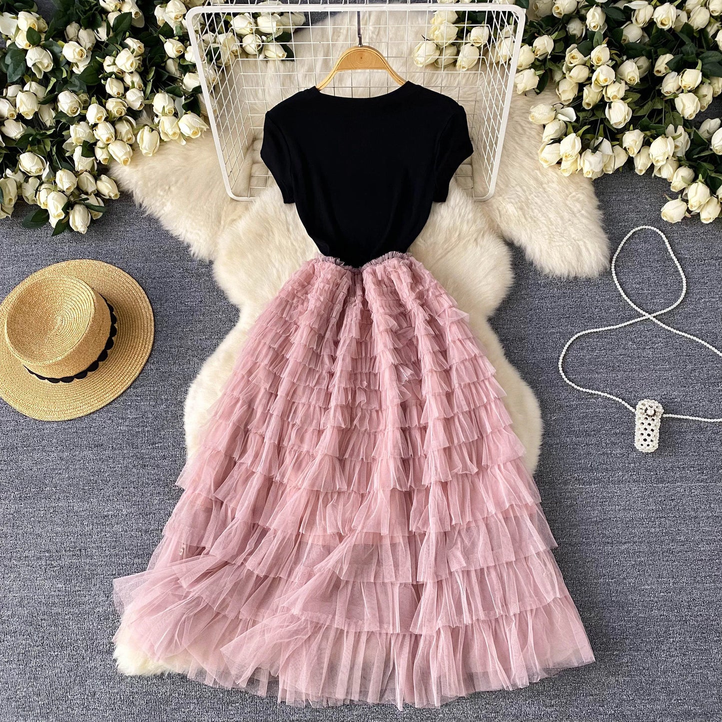 Maxy Fairycore Fashion Newest Chic Dresses Women O-Neck Short Sleeve Mesh Splice Design Vacation Summer Cake Long Dress