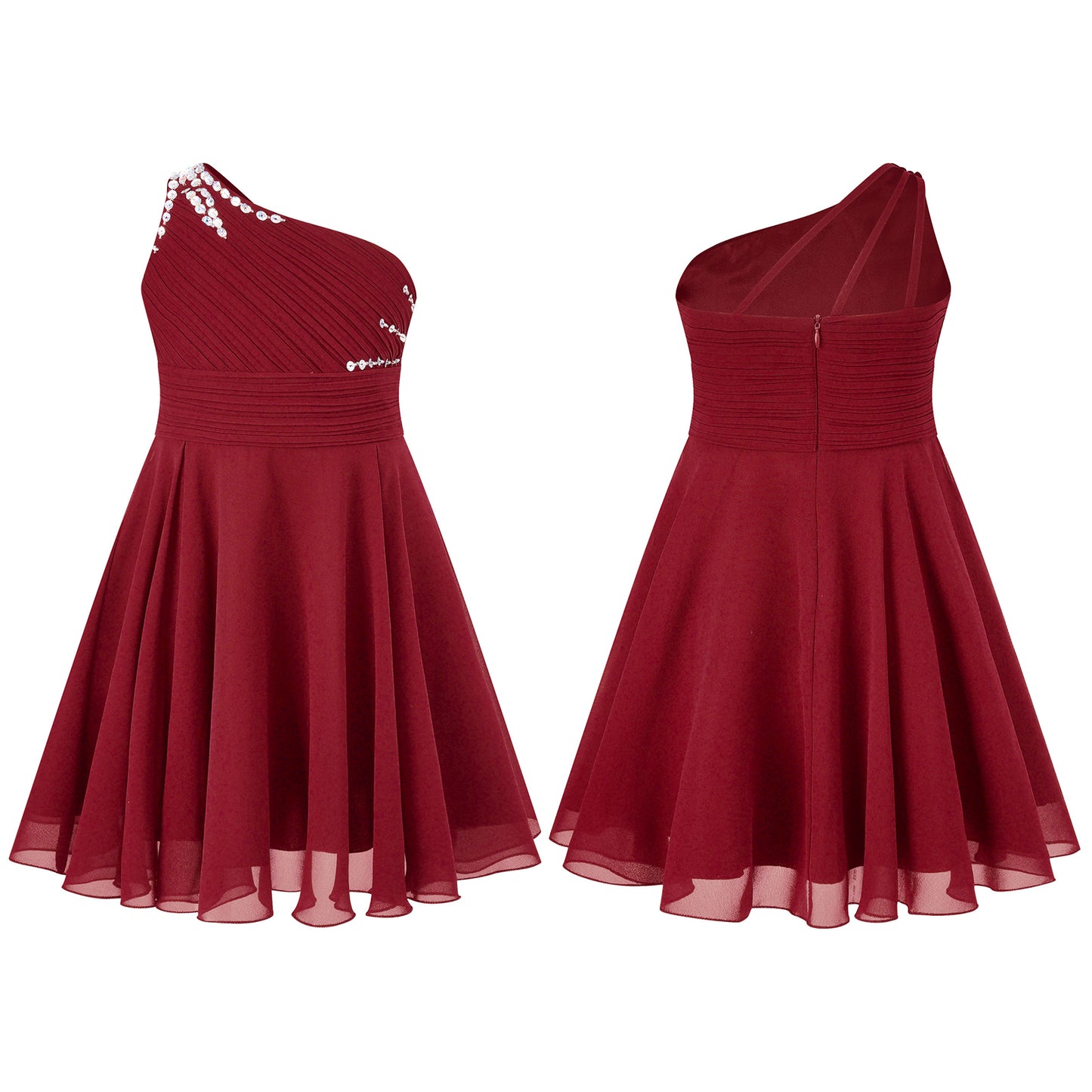 Macy Girls Elegant Beaded Party Dress One Shoulder A-Line Chiffon Princess Dresses Wedding Birthday Prom Evening Gown