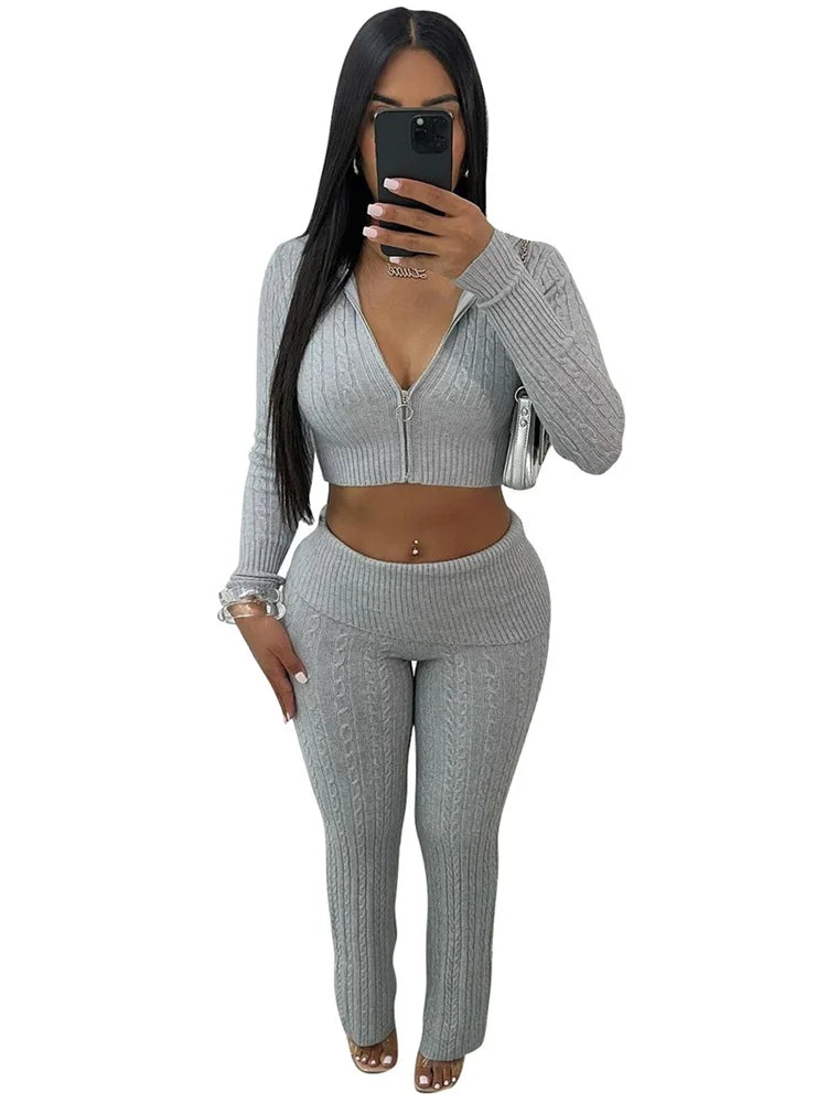Maxy New 2 Piece Sets Women Clothing Pants Sets Casual Solid Color Knitted Long Sleeved Two-piece Set