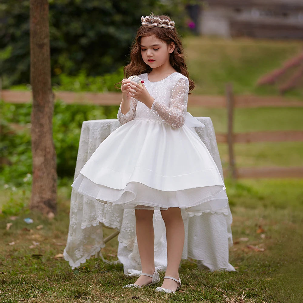 Maxy Princess Long Sleeve Sequin White Wedding Girls Party Dresses Formal Bow Birthday Princess Dress for Girl Baptism Bridesmaid Kids Clothes