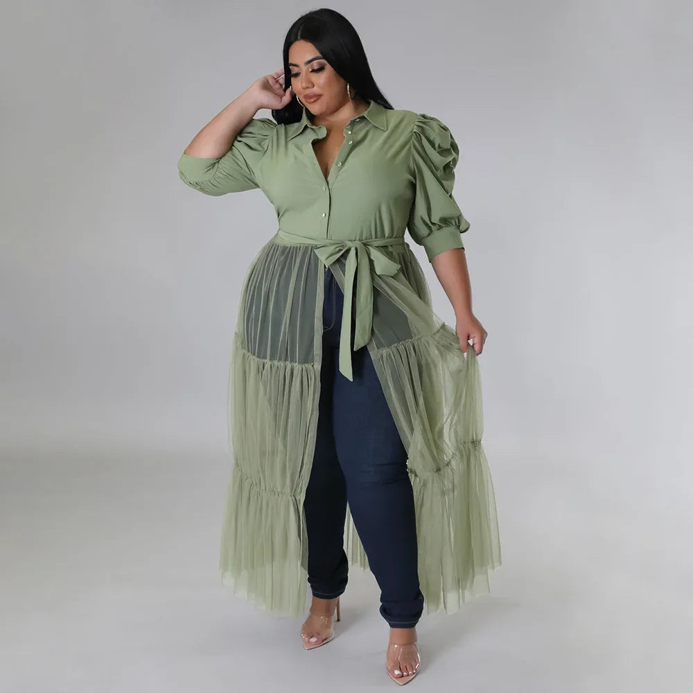 Babs Elegant Plus Size Women Big Swing Shirt Dress Sexy Mesh Patchwork Long Sleeve Single Breasted with Sashes Casual Dresses