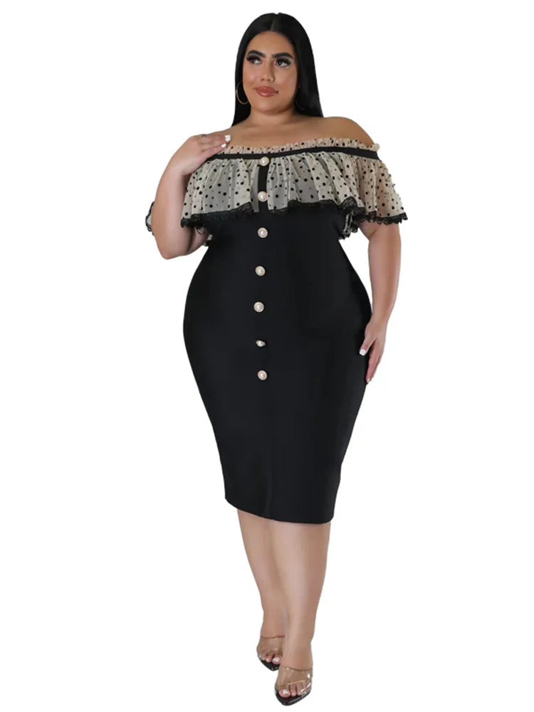 Maxy Plus Size Party Dress Women Clothing Solid Mesh Patchwork Off Shoulder Dress Fashion Outfits