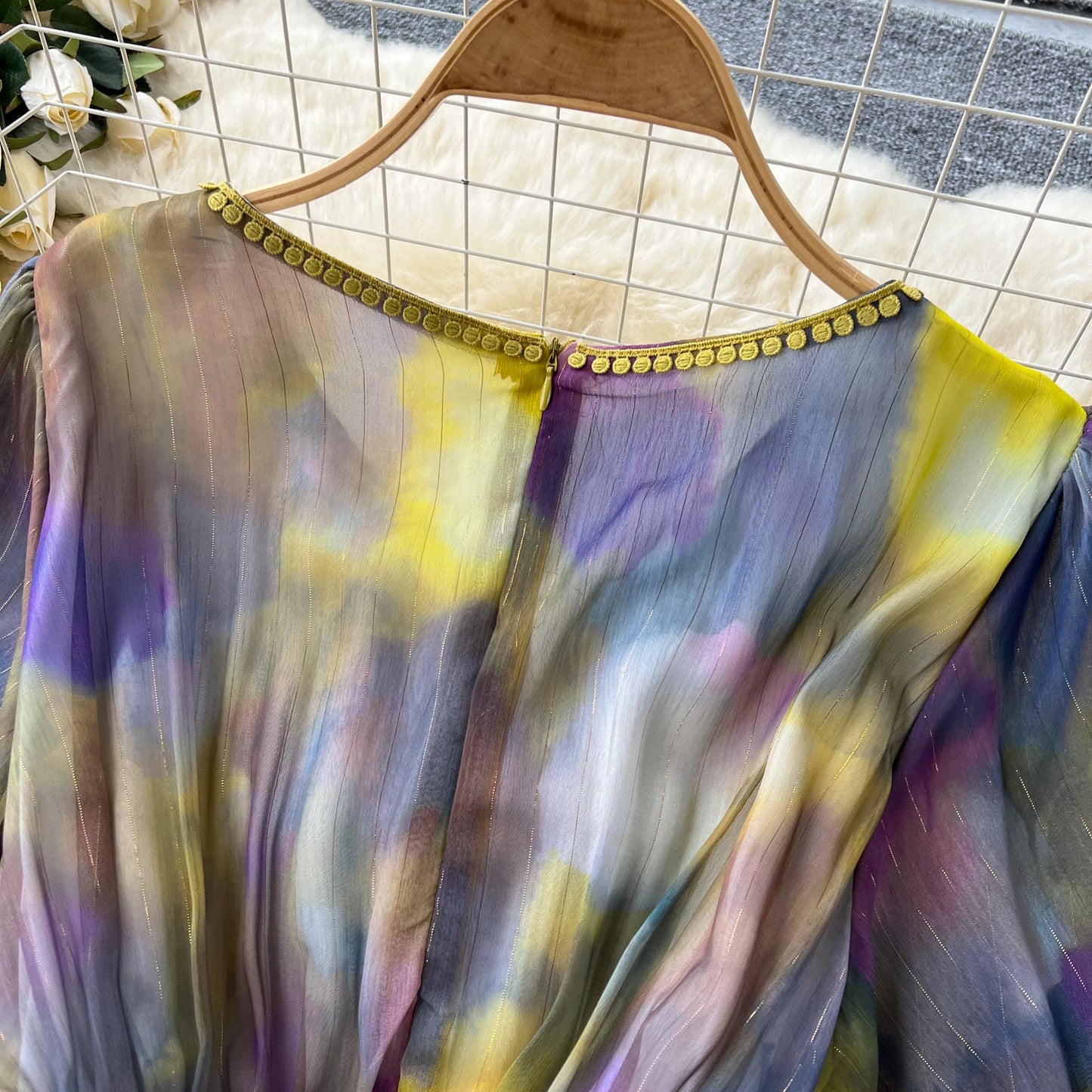 Maxy sweet tie dye Lantern Sleeve embroidery o neck chiffon Dress French Party Elegant Summer Sexy Slim Women dresses