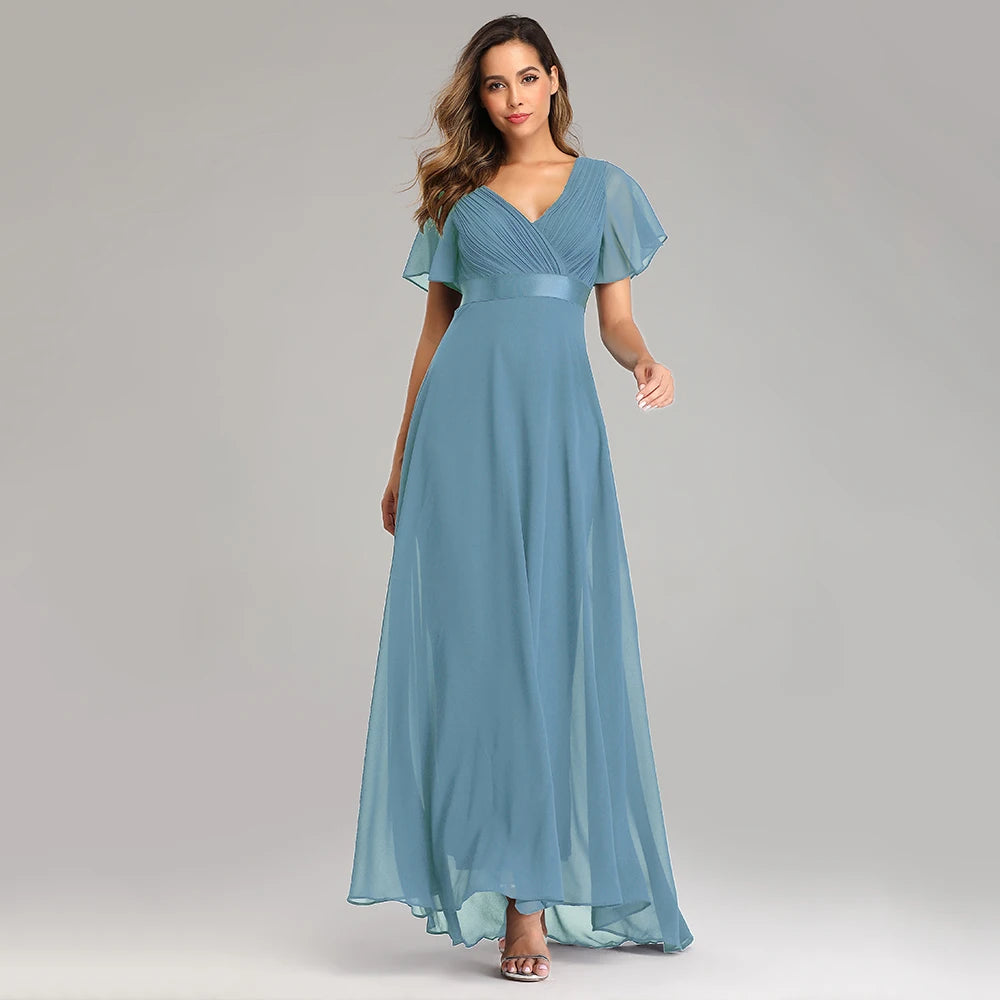 Maxy Evening Dresses XUCTHHC Elegant V-Neck Ruffles Chiffon Formal Evening Gown Robe Dress for Wedding Party