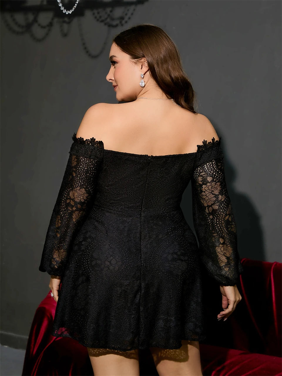 Macy Plus Size Dresses for Women Sexy Off Shoulder Lace Up A Line Mini Lace Dress Chic Elegant Woman Dress Long Sleeves 1102