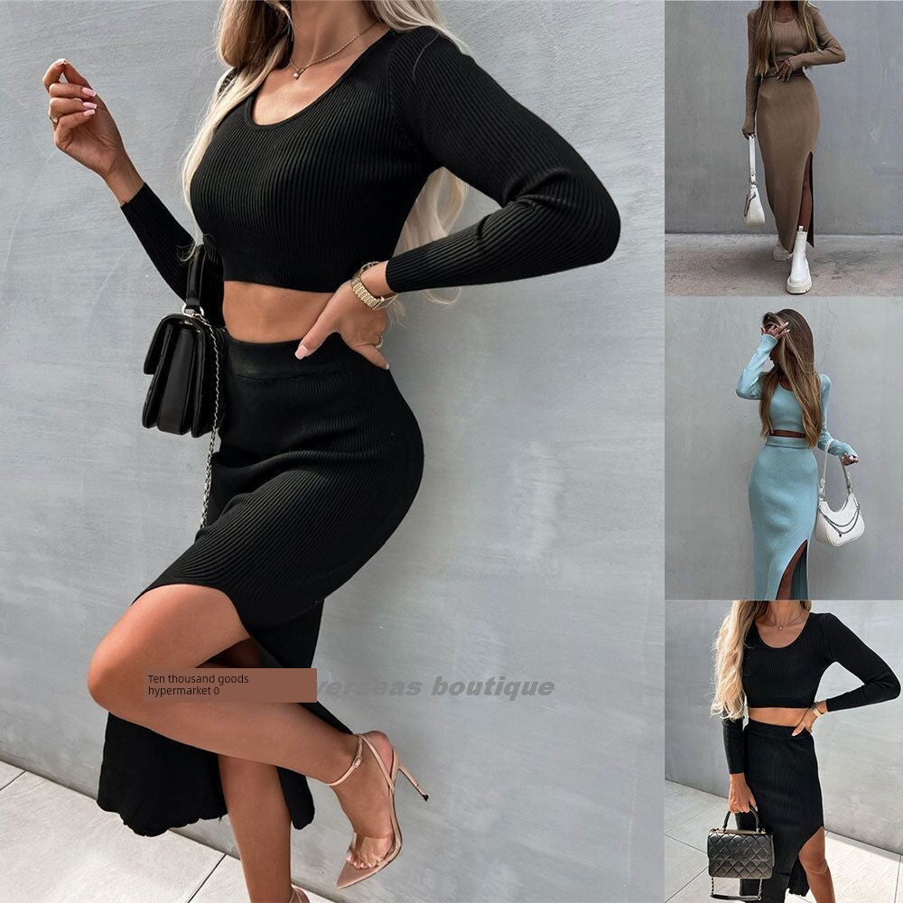 Babs Split Long Skirt Two-Piece Set for Women Tops Long Sleeve Dress Two-piece Set Female