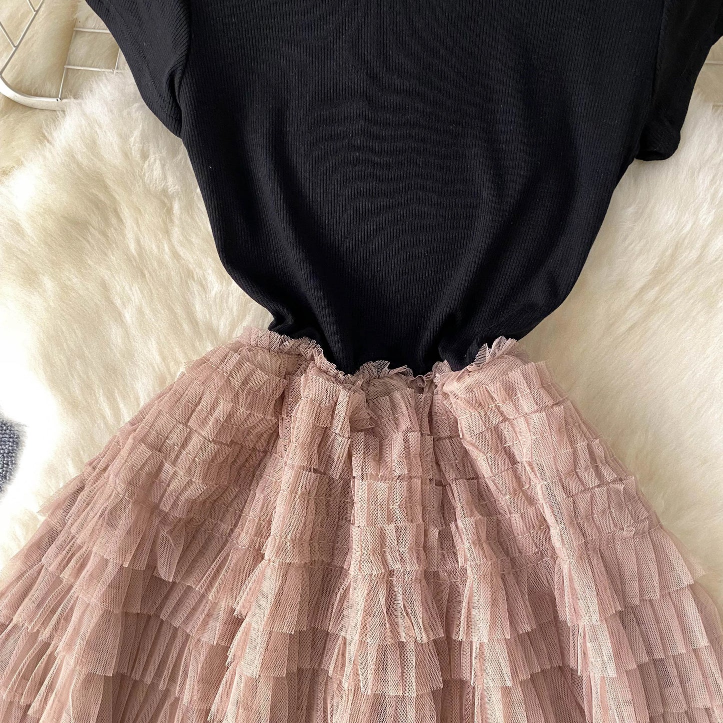Maxy Fairycore Fashion Newest Chic Dresses Women O-Neck Short Sleeve Mesh Splice Design Vacation Summer Cake Long Dress