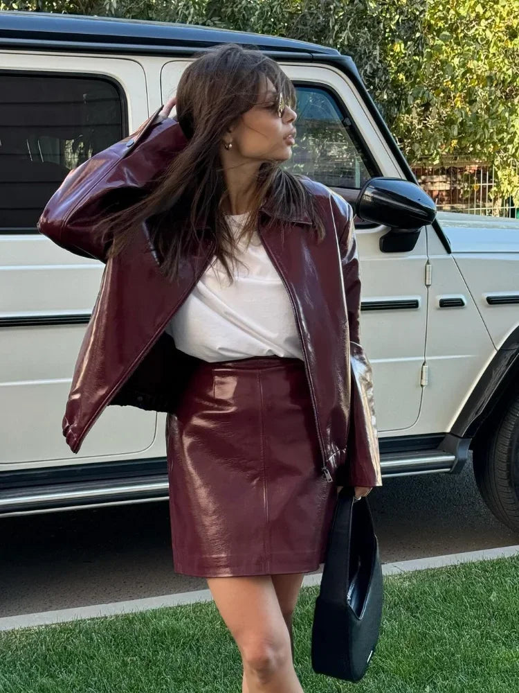 Babs Women Wine Red Leather Jacket Mini Skirt Suits Elegant Lapel Zipper Outwears Hip Wrapped Skirts 2 Piece Set Lady Outfits