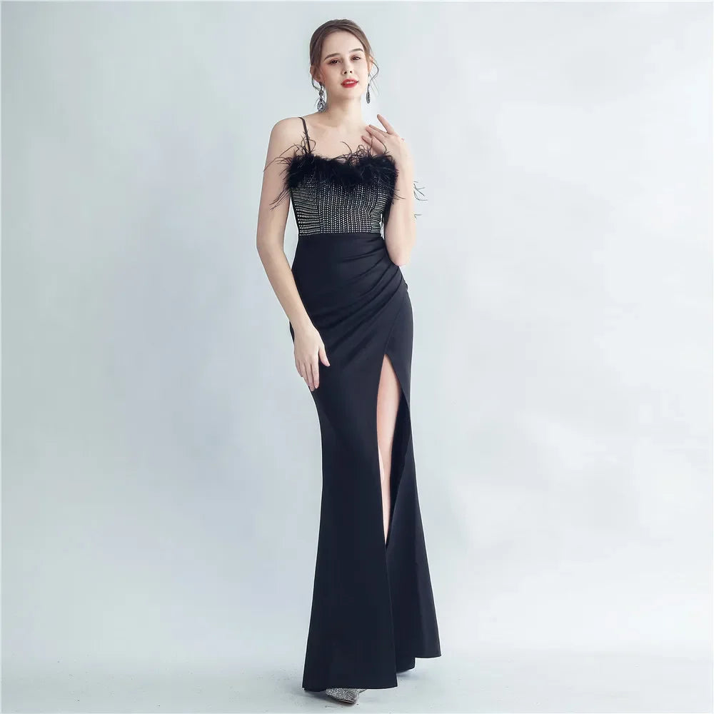 Babs Sequin Sexy Bust Beading With Feather Spaghetti Strap Slit Long Mermaid Party Night Dresses