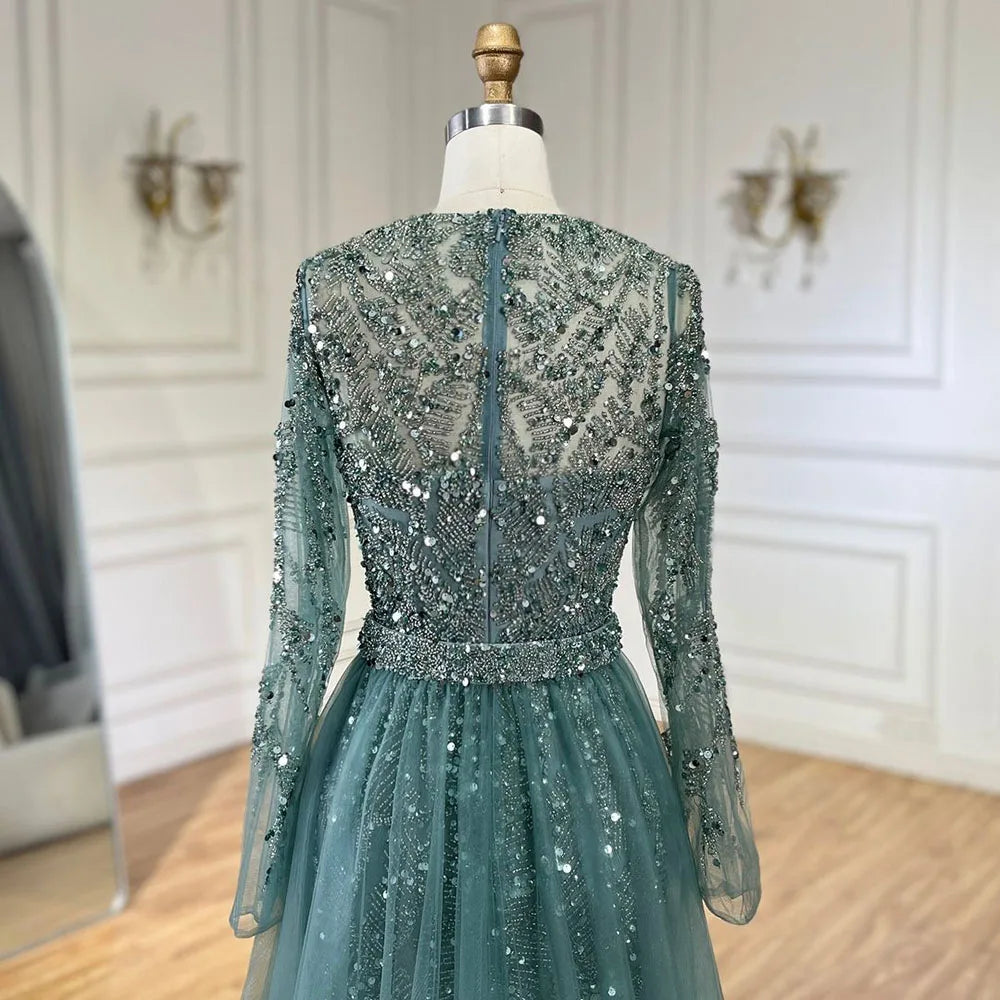 Maxy Serene Hill Arabic Turquoise Mermaid Gown with Tulle Overskirt And Beaded | Evening Dresses LA72601 Customized