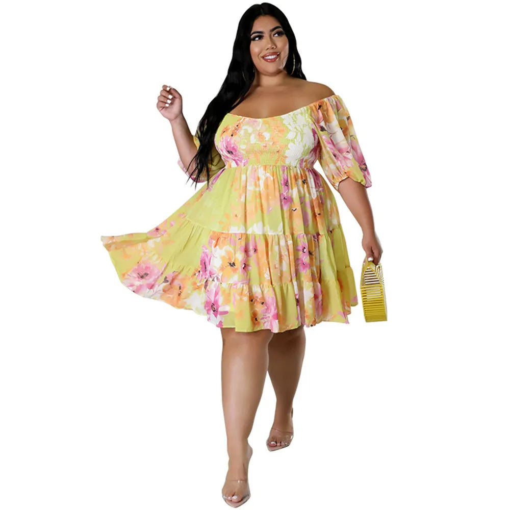 Maxy Plus Size Summer Dresses Women's Clothing Flower Printed One Shoulder Elegant Mini Dress Hot Sale