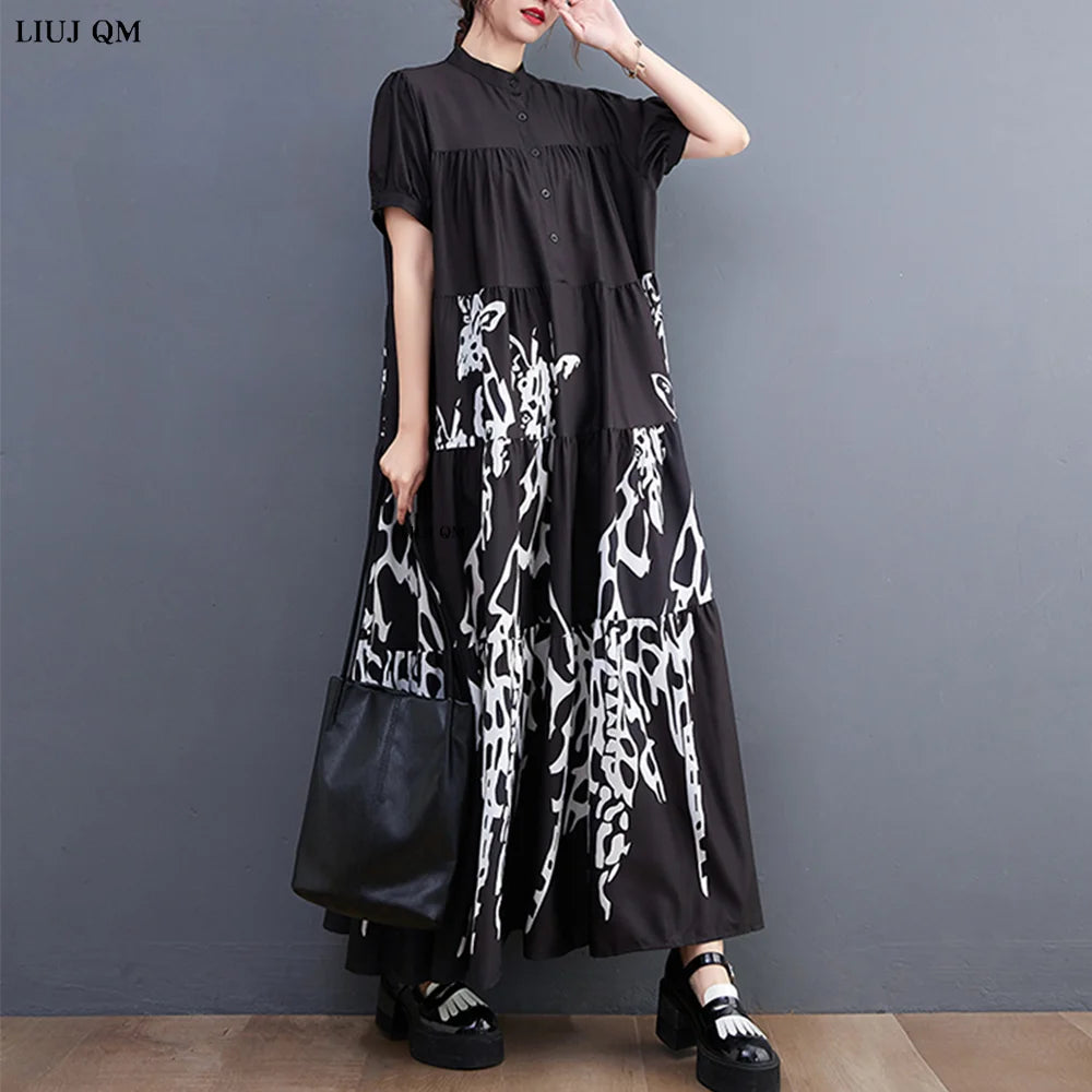 Maxy New Korean Style Woman Summer Graffiti Printed Long Black Large Shirt Dress Plus Size Loose Fit Tide Casual Robe Femme