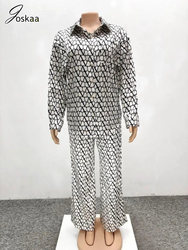 Maxy Print 2 Piece Sets Women Hipster Lapel Full Sleeve Oversized Blouse and Wide Leg Pants Matching Y2K Streetwear