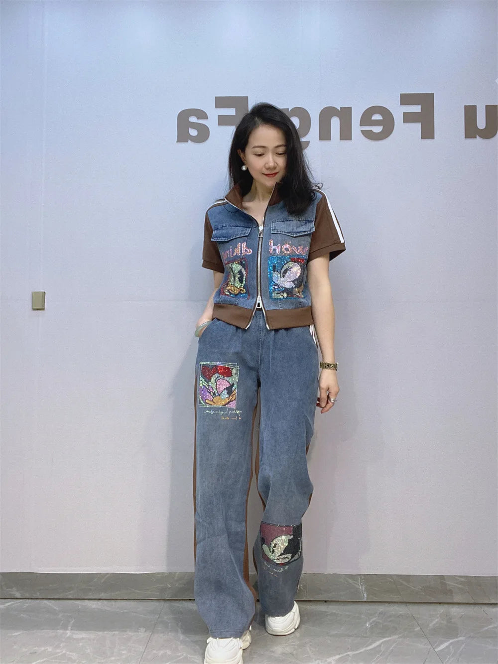 Maxy Short Zipper Cardigan and Pant Two-piece Sets Women Summer Fashion Sportswear Short Sleeve Top Long Pants Hot Diamond Denim Suit