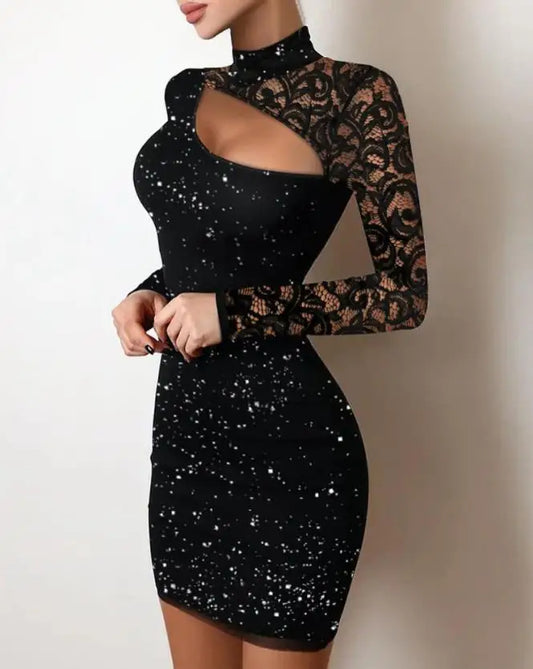Maxy Evening Dresses for Women New Elegant Sexy Party Wedding Guest Glitter Contrast Lace Cutout Long Sleeve Bodycon Mini Dress