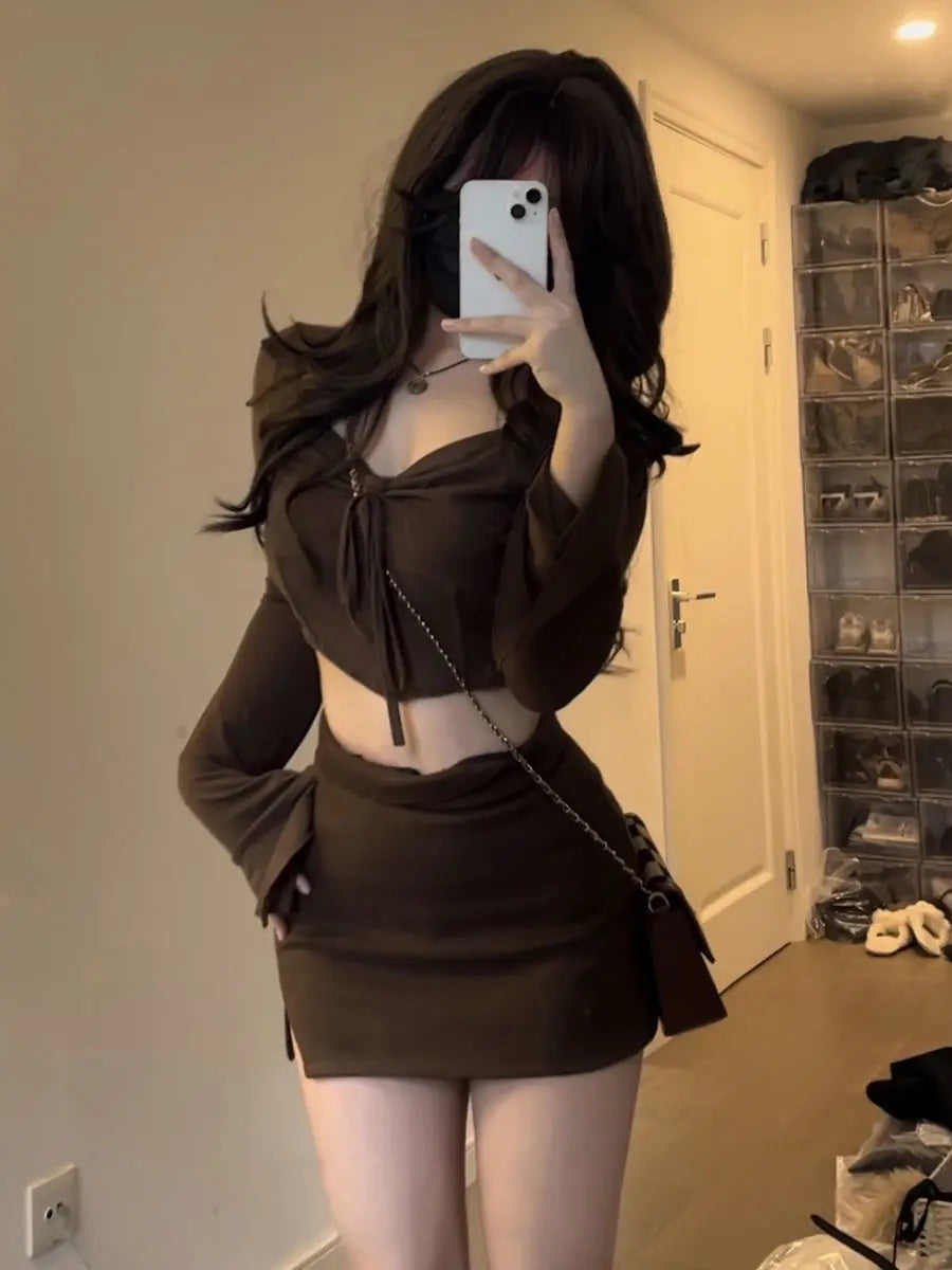 Two Peice Dress Set for Women Blouse and Skirt Set Y2K Brown Square Neck Pleated Long Sleeve Corset Shirt Cropped Top Mini Skirt