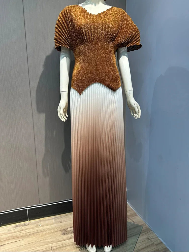 Maxy Pleated 2 Pieces Set Women Fashion V Neck Short Batwing Sleeves Irregular Hem T-shirt&New Gradient A-line Folds Long Skirt