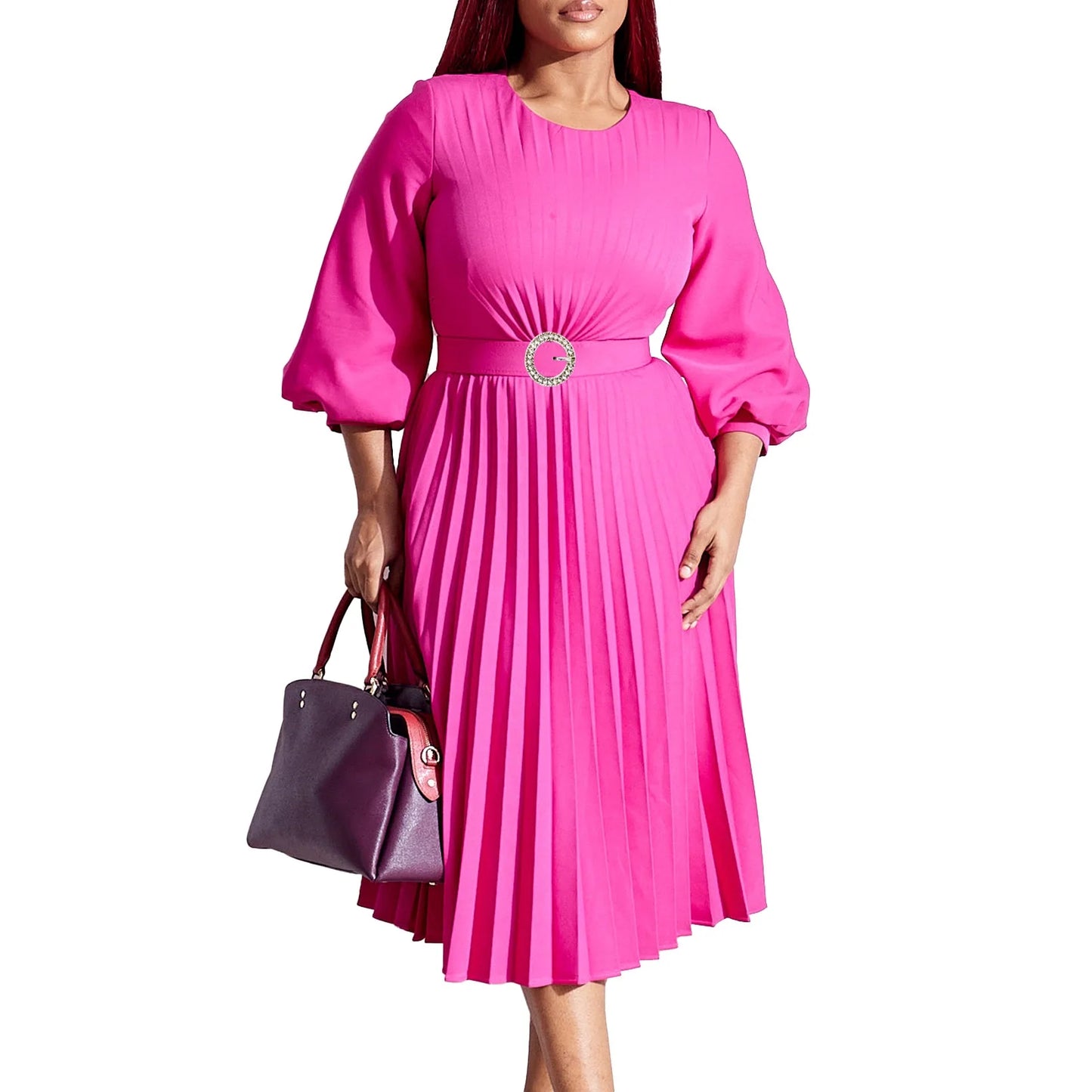 Maxy Elegant Dresses Woman Pleated O Neck Full Sleeve Belt Waisted Mid Calf Luxury Female Birthday Party Dinner Vestidos Mujer