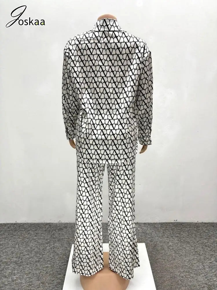 Maxy Print 2 Piece Sets Women Hipster Lapel Full Sleeve Oversized Blouse and Wide Leg Pants Matching Y2K Streetwear