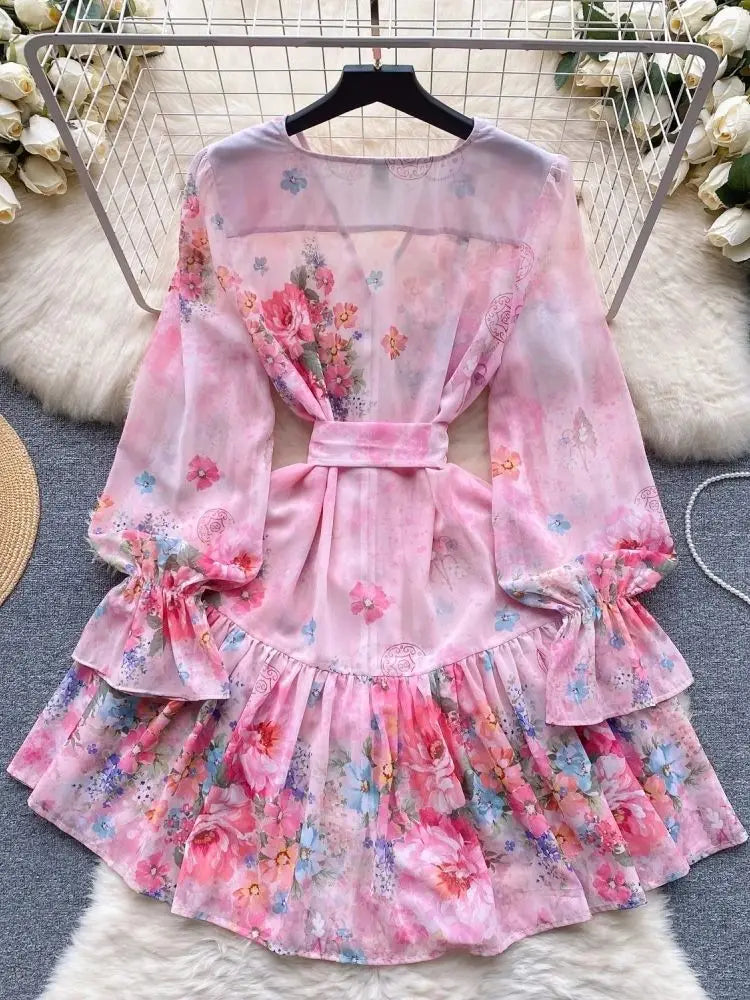 Maxy Spring Summer Gorgeous Flower Gracy Dress Women's V Neck Long Petal Sleeve Buttons Floral Print Lace Up Belt Mini dress