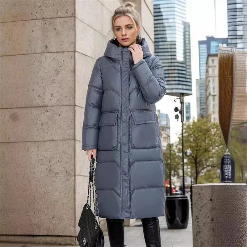 Momsey 2024 New Thicken Snow Parkas Fashion Windproof Glossy Down Cotton Hooded Women Jacket Winter Loose Long Coat Ladies Outwear