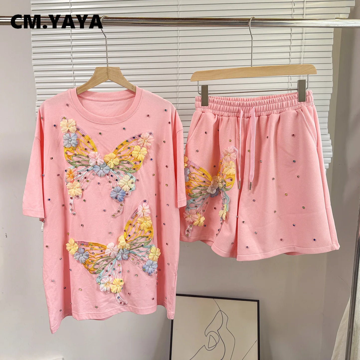 Maxy Fashion Butterfly Floral Beading Women's Set T-shirt and Shorts 2025 Summer Active Two 2 Piece Sets Outfit Tracksuit