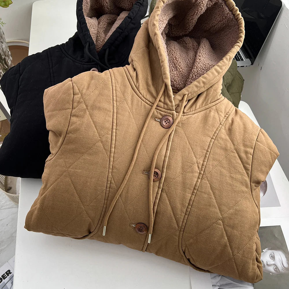 Winter 100kg Simple Mid-length Fleece Lining Hooded Cotton-padded Jacket Plus Size Women's Thick Warm Parka