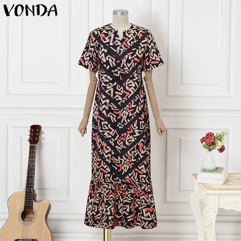 Maxy Summer Vintage Bohemian Dress Women Short Sleeve Printed Party Vestidos Casual Ruffled Long Robe V-Neck Vestidos