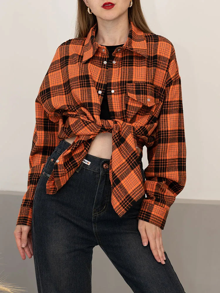 Maxy Green Vintage Plaid Shirt Women Oversize Top Long Sleeves Autumn Winter Loose Women's Shirt And Blouses Oversized