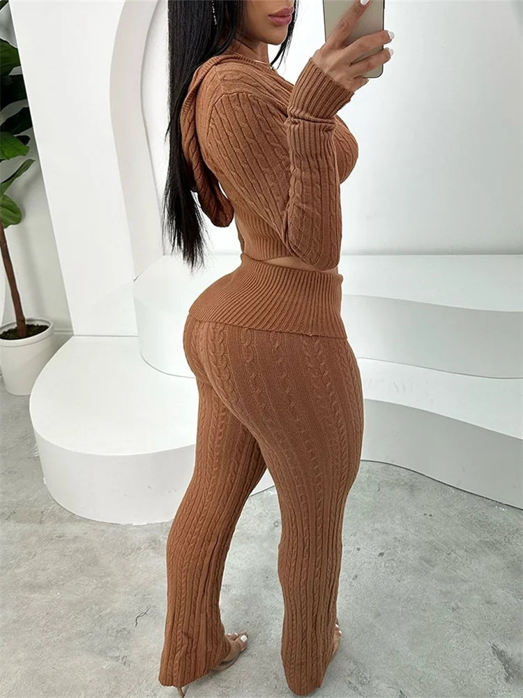 Maxy New 2 Piece Sets Women Clothing Pants Sets Casual Solid Color Knitted Long Sleeved Two-piece Set
