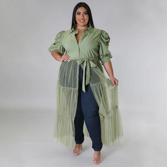 Babs Elegant Plus Size Women Big Swing Shirt Dress Sexy Mesh Patchwork Long Sleeve Single Breasted with Sashes Casual Dresses