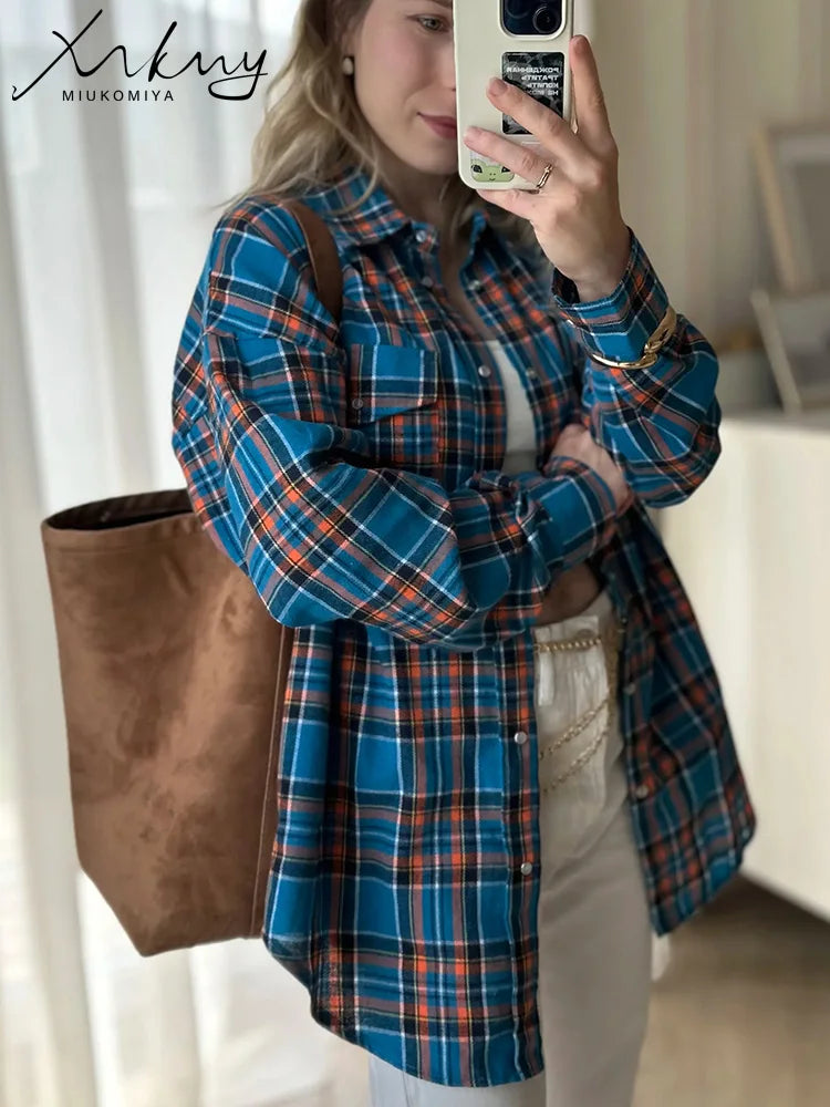 Maxy Green Vintage Plaid Shirt Women Oversize Top Long Sleeves Autumn Winter Loose Women's Shirt And Blouses Oversized