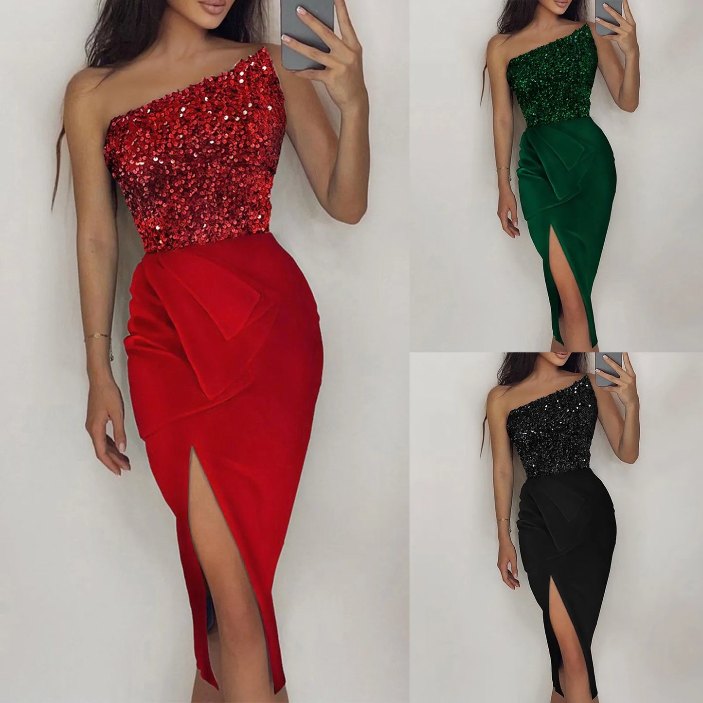 Macy Ladies Autumn Winter Sleeveless Stitching Glitter Sparkly Sequin Dress Cocktail Evening Party Dress.