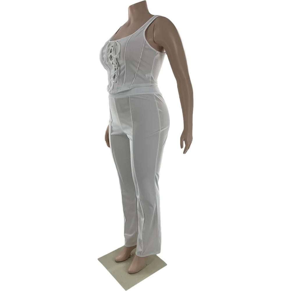 Maxy Plus Size Women Clothing 2 Piece Outfits Summer Bandage Top Flared Pants Fashion Matching Sets