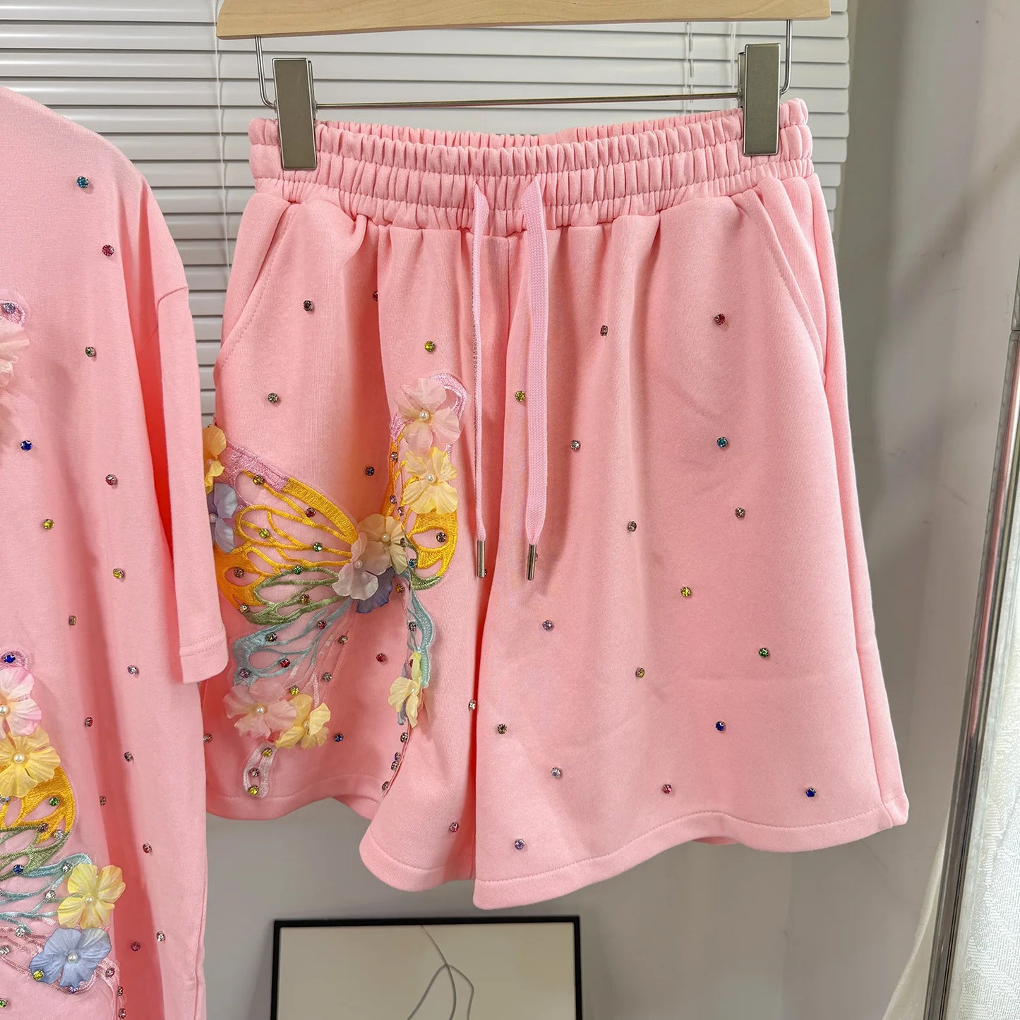 Maxy Fashion Butterfly Floral Beading Women's Set T-shirt and Shorts 2025 Summer Active Two 2 Piece Sets Outfit Tracksuit