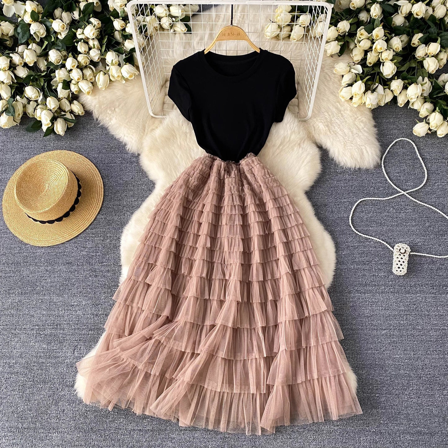 Maxy Fairycore Fashion Newest Chic Dresses Women O-Neck Short Sleeve Mesh Splice Design Vacation Summer Cake Long Dress