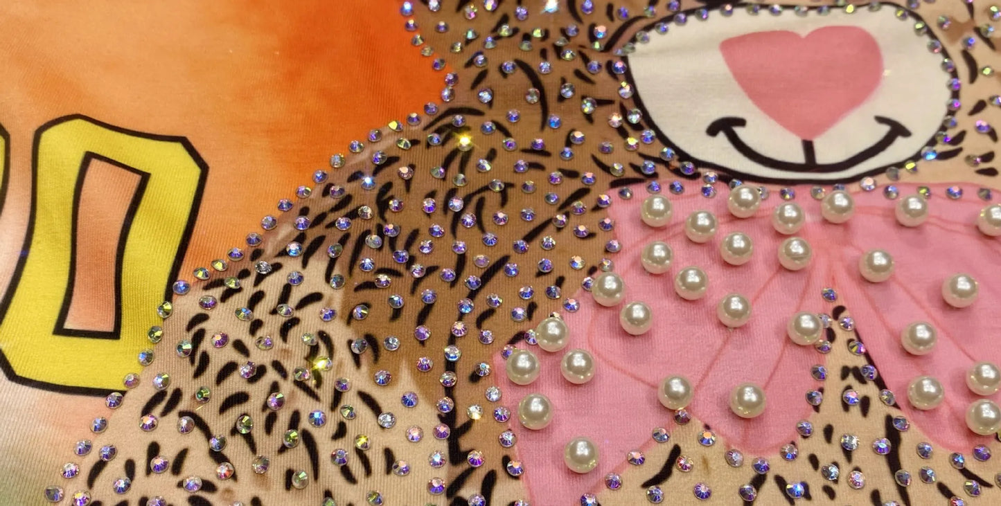 Maxy Beaded Cartoon Bear Shorts Casual Suit Women 2024 Summer Loose Printed Rhinestone Hot Fixed Short Sleeve T-shirt Two-Piece Sets
