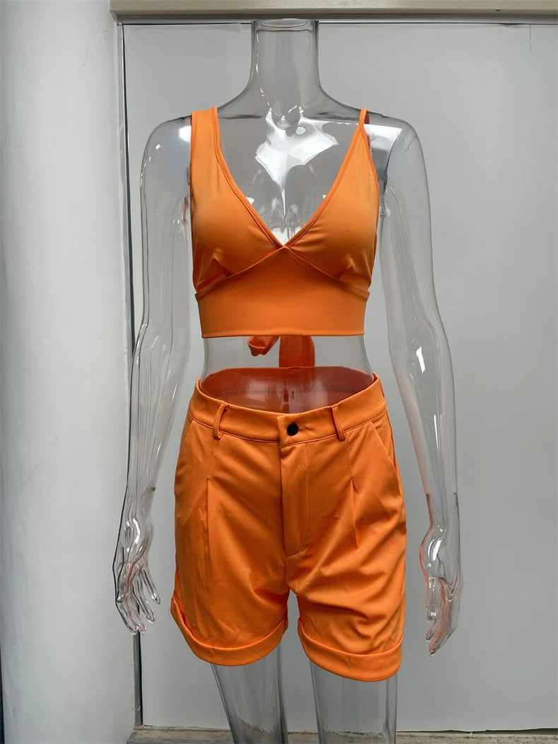 Women Spring Summer 2022 New Suit Solid Color 2 Pieces Sets Sexy Slim Tube Top And High Waist Shorts Tracksuits Shorts And Vest