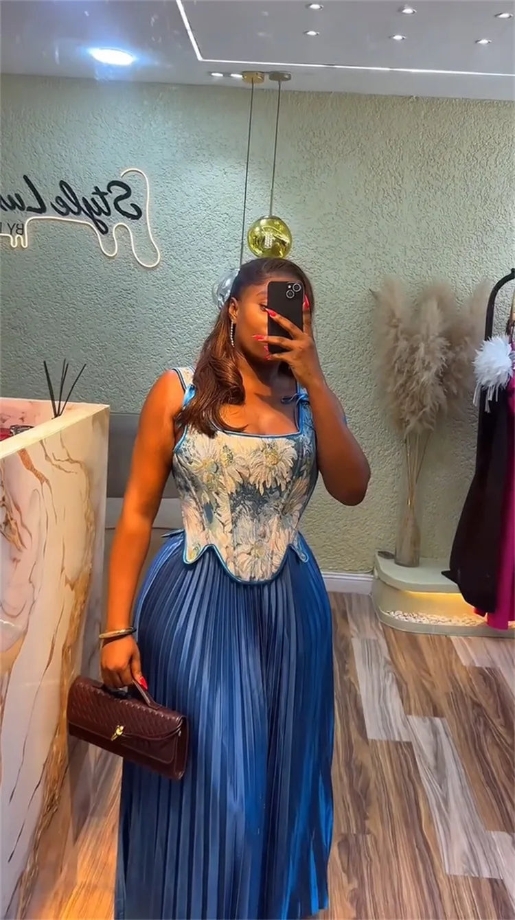 Maxy CM.YAYA Women's Set Floral Print Waist-cinching Vest +Pleated Long Skirts Suit 2025 Party Evening Street Two 2 Piece Set Outfit