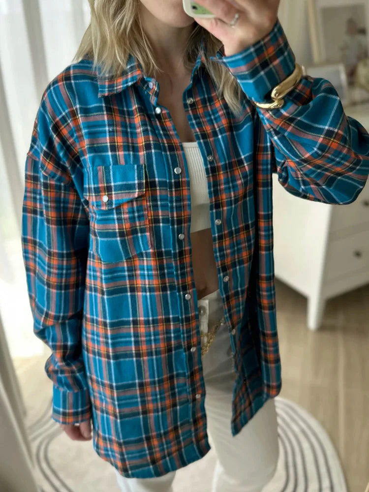 Maxy Green Vintage Plaid Shirt Women Oversize Top Long Sleeves Autumn Winter Loose Women's Shirt And Blouses Oversized