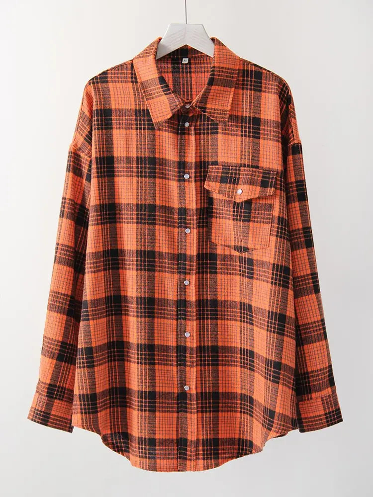 Maxy Green Vintage Plaid Shirt Women Oversize Top Long Sleeves Autumn Winter Loose Women's Shirt And Blouses Oversized