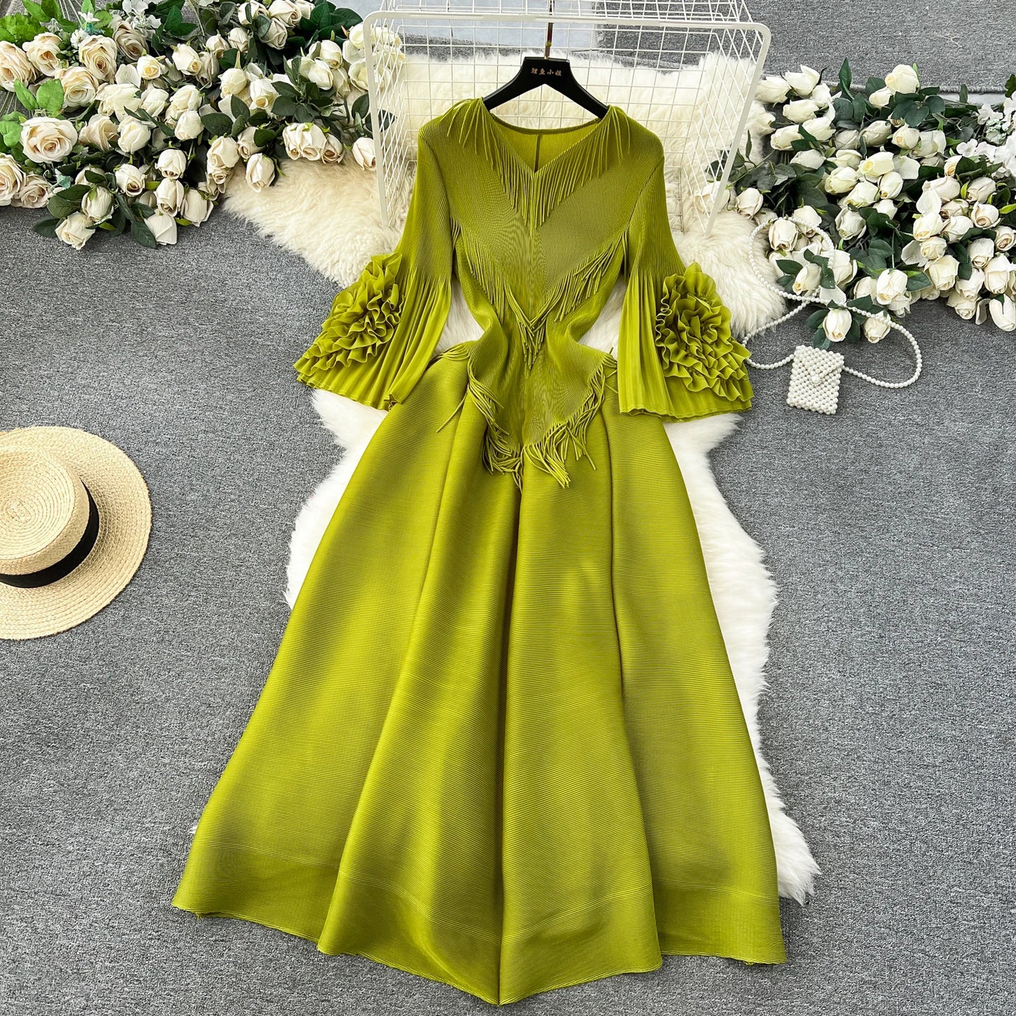 Vintage Elegant V-neck Flare Sleeve tassels pleated Dress A-line Fashion Beach Spring Summer Vestidos Women  Dresses