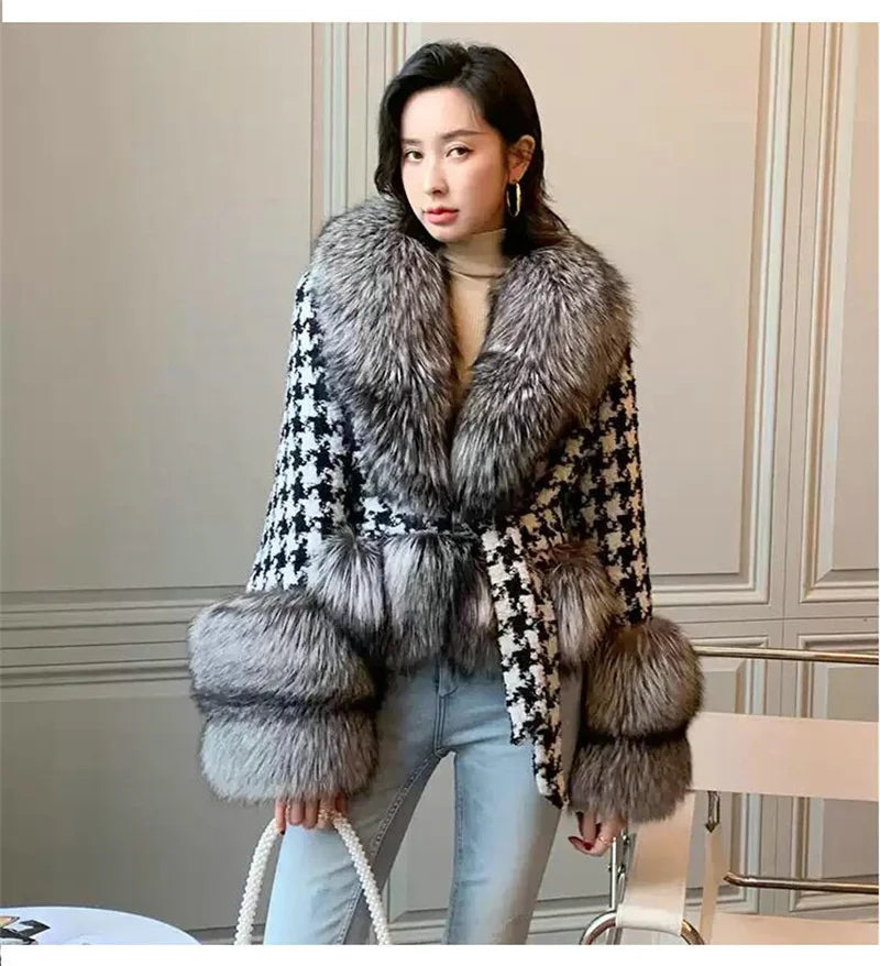 Babs Fox Fur Grass Coat Women Short Thousand Bird Grid Double Faced Fleece Collar 2024 Small Fragrant Style Imitation Fur Coat Female